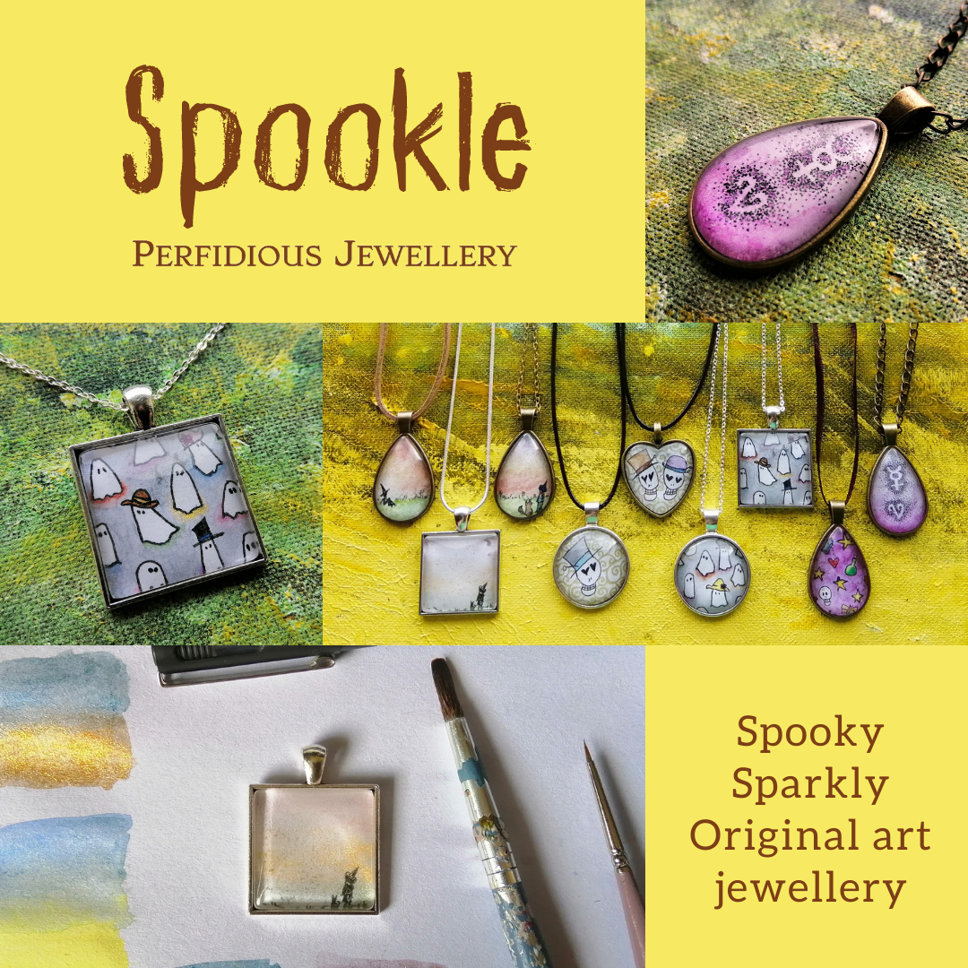 Spooky cute necklaces. Ghosts, witches, symbols of intrigue and loved up skulls, all one of a kind hand drawn illusrations, painted with watercolours, including metallic watercolour details.  Which pendant grabs your eye?